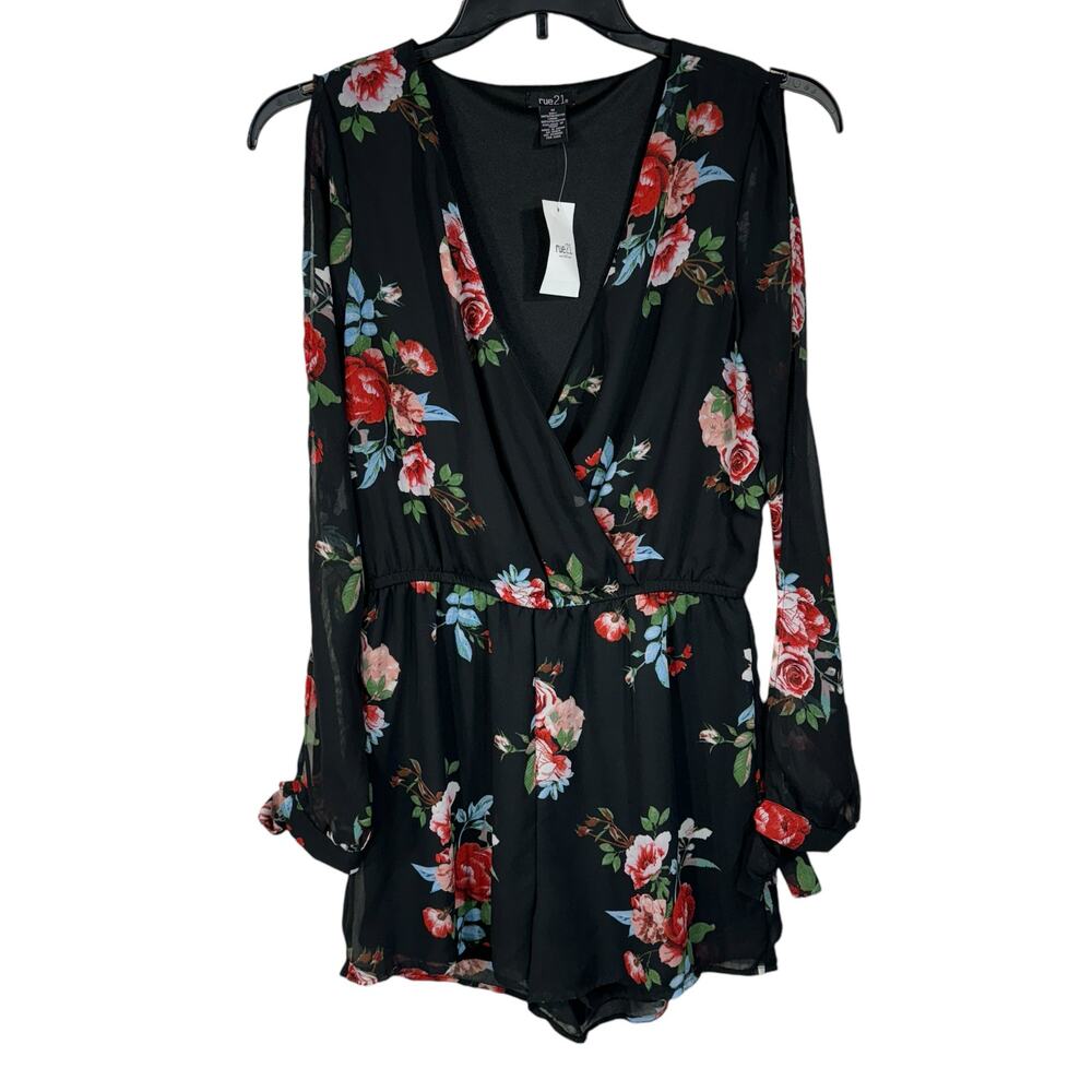 RUE 21 Medium Romper Floral Surplice V-Neck Lined Cutout Long Sleeves Multicolor